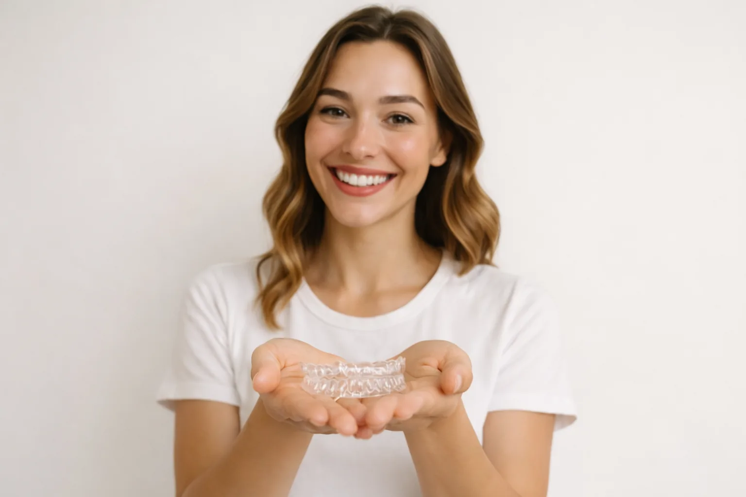 Person receiving dental retainers at home